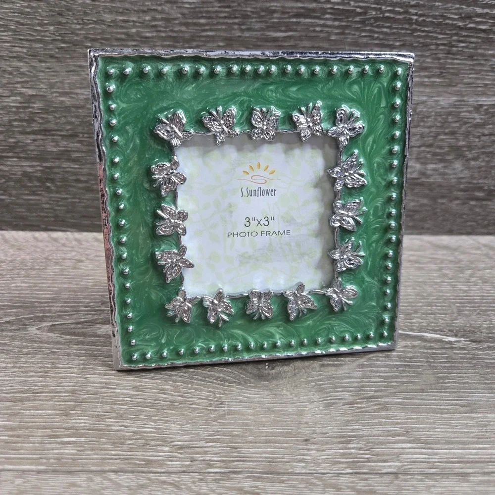 S Sunflower Green Enamel Butterfly Metal Small Square Picture Frame 3x3